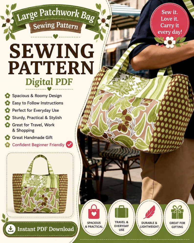 Puede incluir: Un patr&oacute;n de costura digital en PDF para un bolso grande de patchwork. El bolso presenta un panel central con estampado floral verde y marr&oacute;n, paneles laterales a rayas y extremos con lunares marrones, con dos asas. Texto: Large Patchwork Bag.