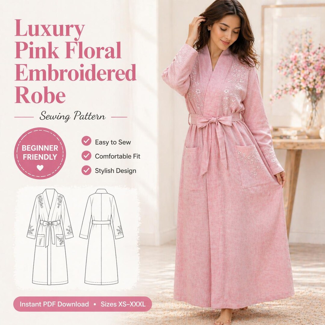 Floral Robe Sewing Pattern | Pink Embroidered Kimono Robe PDF for Women ...