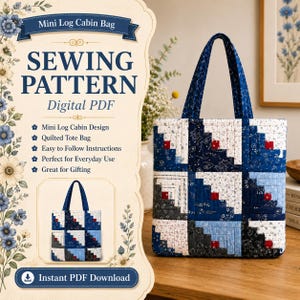 Patrón de costura en PDF para mini bolso Log Cabin, patrón de bolso de patchwork acolchado, bolso de tela reciclada, tutorial para hacer un bolso, descarga instantánea.