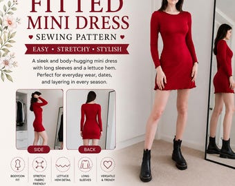 Fitted Mini Dress Sewing Pattern PDF, Long Sleeve Bodycon Dress Pattern, Stretch Knit Party Dress, Instant Download