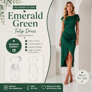 May include: An emerald green tulip dress sewing pattern with the text "Emerald Green Tulip Dress". The pattern is beginner-friendly and includes step-by-step instructions. The dress design is elegant and has a comfortable fit. Sizes XS-XXXL are available.