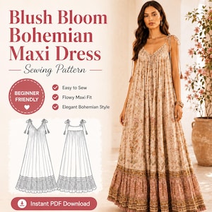 May include: A sewing pattern for a Blush Bloom Bohemian Maxi Dress. The image features a woman in a long, floral-print dress. The pattern is described as beginner-friendly, with a flowy maxi fit and an elegant bohemian style. The image text says "Easy to Sew".