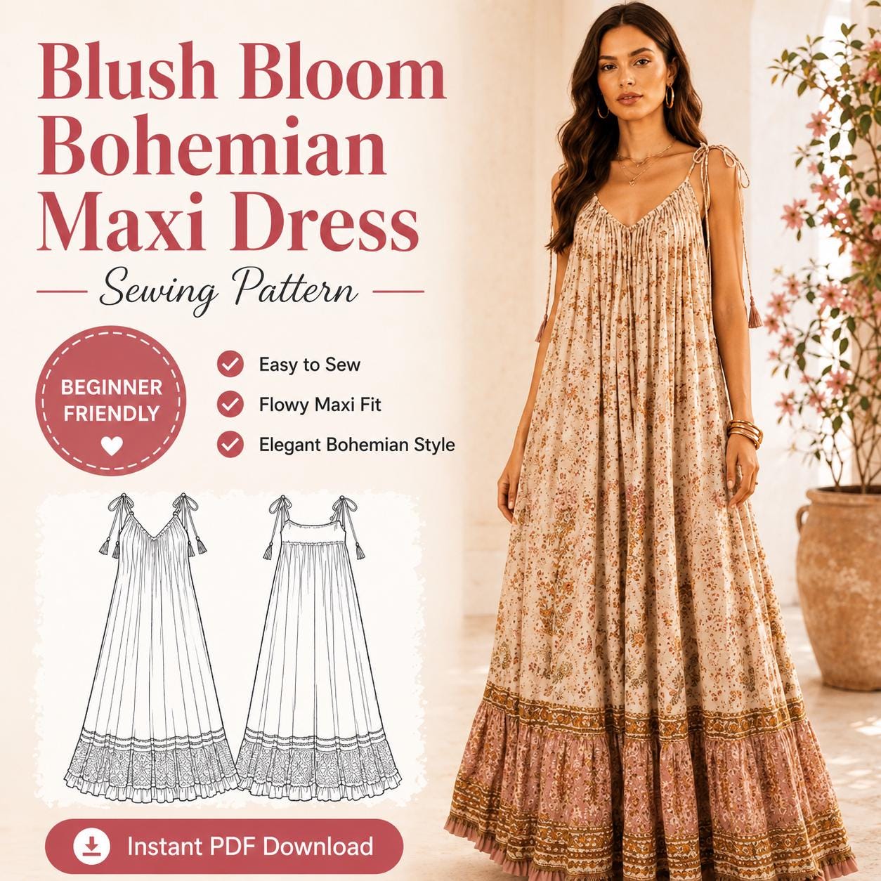 flowy dress sewing pattern Maxi V-Neck Dress Sewing Pattern Instant Download PDF Pattern main image 1