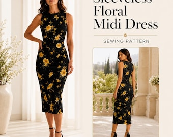 Floral Midi Dress Sewing Pattern PDF, Women’s Sleeveless Bodycon Dress, Elegant Party Dress Pattern, Instant Download