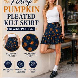 Pleated Kilt Skirt Sewing Pattern PDF, Navy Floral Mini Skirt Template, High Waist Skirt Pattern, Instant Download*