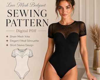 Lace Bodysuit Sewing Pattern PDF, Mesh Sleeve Bodysuit Pattern, Stretch Knit Top, Womens DIY Fashion Patter