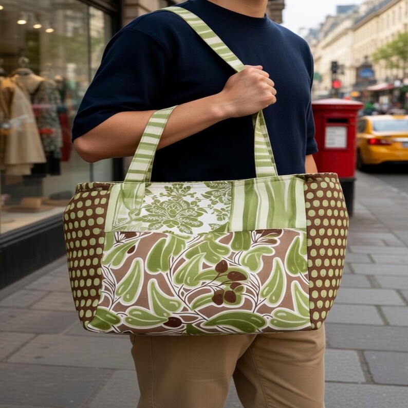 Puede incluir: Un bolso tote con dise&ntilde;o de patchwork que combina motivos florales en verde y blanco, un estampado de hojas en verde y marr&oacute;n, y paneles laterales marrones con lunares blancos. El bolso incluye dos correas de hombro a rayas verdes y blancas.