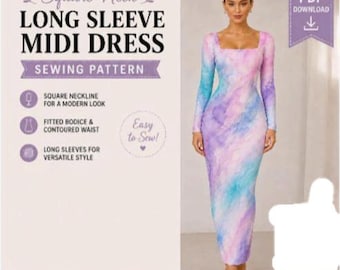 Square Neck Long Sleeve Dress Sewing Pattern PDF, Fitted Midi Dress Pattern, Bodycon Dress Tutorial