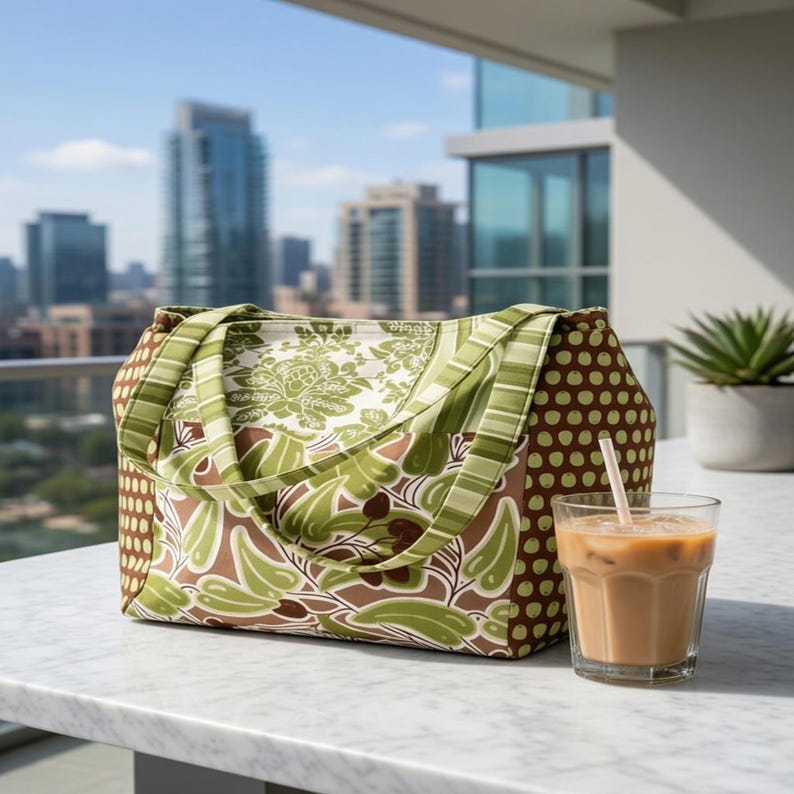 Puede incluir: Un bolso tote con una mezcla de patrones verdes y marrones, que incluye un motivo floral central, paneles laterales con un dise&ntilde;o de lunares marrones y verdes, y dos asas de tela a rayas verdes, junto a un vaso de caf&eacute; helado.