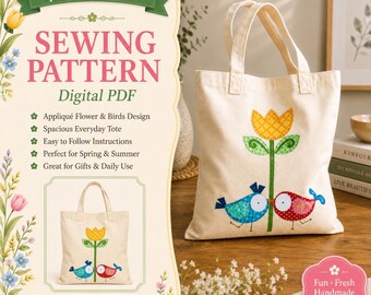 Spring to Life Tote Sewing Pattern PDF, Applique Bird & Tulip Canvas Tote, Floral Embroidery Bag Tutorial, DIY Tote Pattern
