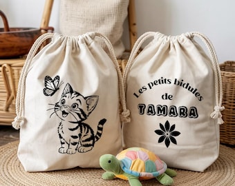 Sac pochon bébé personnalisé, cadeau naissance unique, pochon prénom enfant, motif chaton