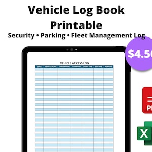 Puede incluir: Una plantilla digital de libro de registro de vehículos que se muestra en una tableta. El texto de la imagen dice "Vehicle Log Book Printable" e incluye secciones para seguridad, estacionamiento y gestión de flotas. El registro incluye campos para la fecha, la matrícula del vehículo, el nombre del conductor, la empresa, las horas de entrada y salida y el propósito.