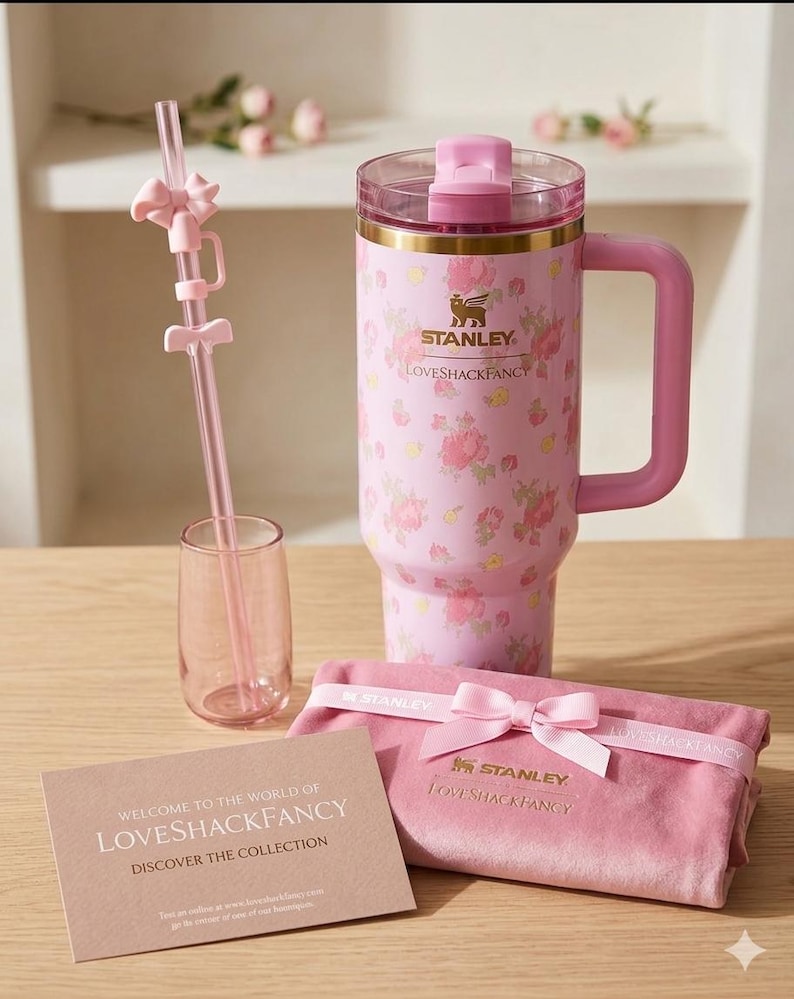 K&ouml;nnte beinhalten: Ein rosa Stanley Loveshackfancy Reisebecher mit floralem Muster, einem passenden Strohhalm, einem kleinen Glas, einem rosa Samtbeutel und einer Karte mit "Welcome to the World of Loveshackfancy".