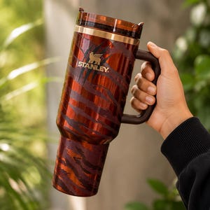May include: A tall, cylindrical Stanley tumbler featuring a metallic copper and dark brown tiger stripe pattern. The drinkware includes a dark brown side handle, a transparent lid, and the gold Stanley logo printed on the upper front section.