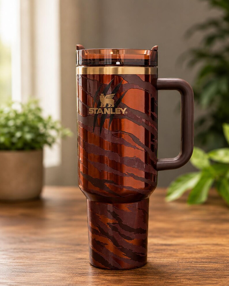 May include: A tall, cylindrical Stanley tumbler featuring a metallic copper and dark brown tiger stripe pattern. The cup includes a dark brown side handle, a gold-toned rim, and a translucent dark brown lid with a gold Stanley logo and claw marks.
