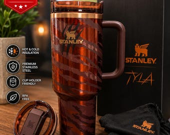 Stanley Tyger 40 Oz Tumbler | Chocolate Brown & Gold Tiger Quencher | Stainless Steel Travel Mug | Best for Gift