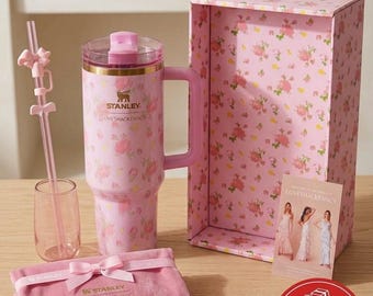 Stanley x LoveShackFancy 40 oz Tumbler with Bow Straw, Floral Pink Insulated Travel Mug, Cute Coquette Aesthetic Cup, Gift for Her