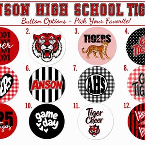 May include: A collection of twelve circular buttons featuring Anson High School Tigers designs. The buttons display various graphics including tiger faces, school spirit text, plaid patterns, polka dots, and stripes in red, black, and white colors.