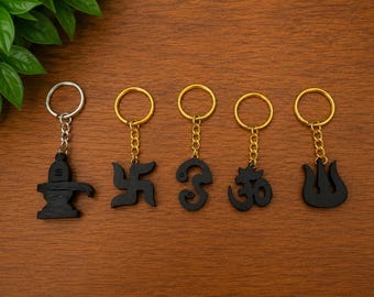 Karungali ブラックエボニーウッドキーホルダー 5 個セット | Om、Swastik、Trishul、Shivling Designs