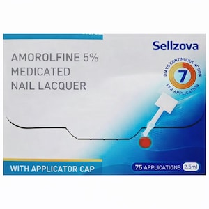 May include: A white box of Sellzova Amorolfine 5% medicated nail lacquer. The box has blue accents and includes an applicator cap. The product is designed for 75 applications, with 2.5ml of solution.