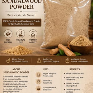 Peut inclure: Un sachet en plastique transparent rempli de poudre de bois de santal brun clair, accompagné d'un bol en bois contenant la poudre et de deux bâtons de bois de santal. L'emballage porte le texte Hindu Devine Sandalwood Powder, détaillant les avantages, les utilisations et des icônes pour les attributs naturel, sans produits chimiques et de qualité supérieure.