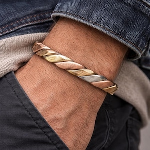 Bracciale rigido intrecciato in puro Ashtadhatu / Bracciale a polsino regolabile a 8 metalli per la guarigione