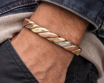 Bracciale rigido intrecciato in puro Ashtadhatu / Bracciale a polsino regolabile a 8 metalli per la guarigione