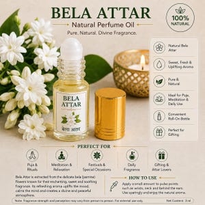Può includere: Un flacone in vetro trasparente con applicatore roll-on per olio profumato naturale Bela Attar con tappo dorato, dotato di etichetta con fiori di gelsomino bianchi e testo. Il flacone contiene 3 ml ed è mostrato accanto a fiori di gelsomino.