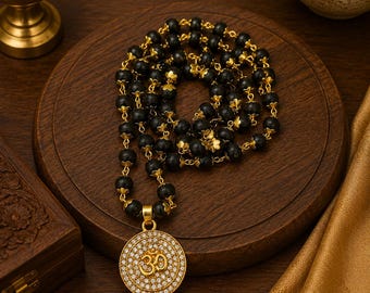 Om Pendant Black Bead Necklace | Hindu Spiritual Necklace | Om Symbol Gold Pendant | Traditional Religious