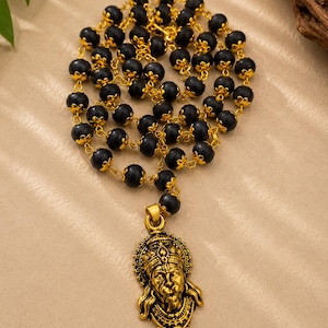 Black Rudraksha Mala with Gold Plated Hanuman Pendant | Hindu Prayer Beads Necklace
