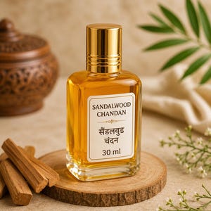 May include: A clear glass bottle filled with amber-coloured liquid, featuring a gold cap and a white label that reads SANDALWOOD CHANDAN, followed by Hindi text and 30 ml. The bottle sits on a circular wooden coaster next to wooden sticks.