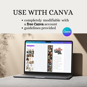 May include: A laptop displaying a customizable Canva template with the text "10 things I love about you." The screen shows a photo collage design. The image also includes the Canva logo and text: "USE WITH CANVA."