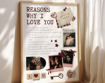 Couple Memory Poster Template – Reasons I Love You Photo Poster – Personalized Love List Wall Art – Canva Download – 4 Sizes