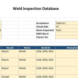 May include: A screenshot of a weld inspection database in a spreadsheet format. The document includes details such as project name, inspection date, standard, and inspector. Data entries show results, notes, weld IDs, and welder information. Logos for Coastal Welding and AWS are visible.