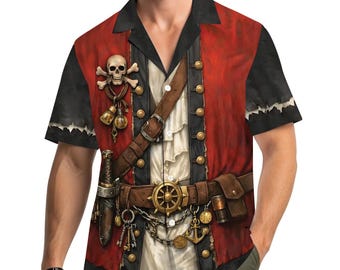 Classic Pirate Costume Hawaiian Shirt, 3D Realistic Buccaneer Cosplay Aloha Shirt, Swashbuckler Caribbean Party Wear, Pirate Captain Button