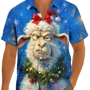 May include: A short-sleeve button-down shirt in blue featuring a graphic print of a sheep with a grumpy expression, wearing a red bow on its head and a Christmas wreath around its neck, set against a background of white snowflakes and gold stars.