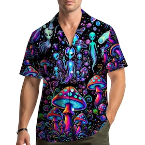 Psychedelic Alien Hawaiian Shirt, Trippy Mushroom Button Down Shirt, Neon Cosmic Galaxy Wear, Magic Mushroom Lover Gift