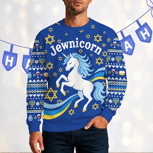 Jewnicorn Hanukkah-tröja, falsk ful jultröja för män kvinnor ungdom, enhörningsmenorah dreidel-tröja judisk högtidsfestgåva