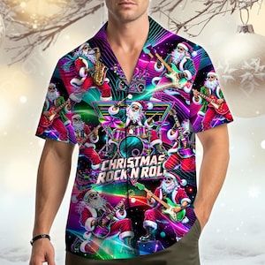 Camicia hawaiana rock and roll di Babbo Natale per uomo e donna, camicia neon con chitarra e Babbo Natale, top natalizio con bottoni per concerti, regalo per amanti della musica rock