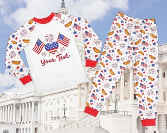 Custom Patriotic American Flag Pajama Set, Red White Blue Fireworks Sleepwear Family PJs, USA Summer Holiday Gift, Snug Fit Lounge