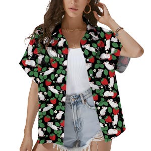 Cute Strawberry Mouse Hawaiian Shirt for Women, White Rat Fruit Pattern Shirt, Summer Beach Vacation Casual Top, Pet Mouse Lover Gift