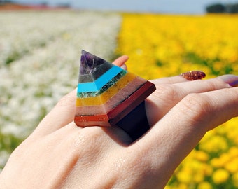 Charka Pyramid Ring - Healing Stones - Statement Ring - Rainbow Stone - Crystal Jewelry