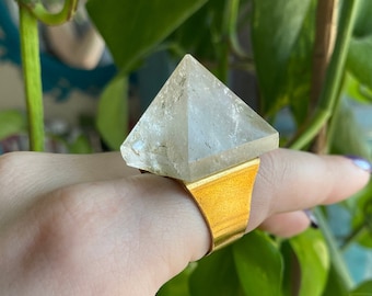 Quartz & Gold Pyramid Ring -- Statement Ring -- Crystal Jewelry -- Handmade