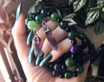 Malaysia Jade Beaded Necklace -- Rope Necklace -- Crystal Jewelry -- Rainbow Fluorite -- Agate -- Quartz Crystal