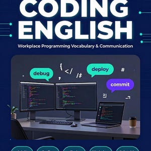 Puede incluir: Imagen promocional de "Coding English", un recurso para desarrolladores. La imagen presenta dos monitores de computadora y una computadora portátil que muestra código, con burbujas de diálogo que indican "debug", "deploy" y "commit". El texto también menciona "Workplace Programming Vocabulary & Communication".
