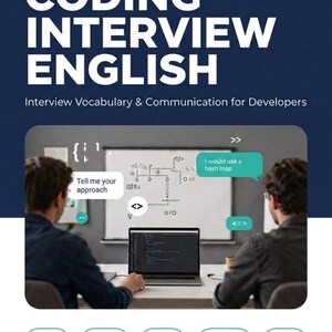 May include: A promotional image for "Coding Interview English" with the text "Interview Vocabulary & Communication for Developers." The image shows two people looking at a laptop and whiteboard with coding diagrams. Additional text includes "ESL for Tech Professionals."