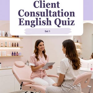 Puede incluir: Un recurso educativo digital titulado Client Consultation English Quiz Set 1. El gráfico muestra un entorno profesional con una persona en uniforme rosa y un cliente, con las etiquetas No Prep, Printable PDF y Editable.