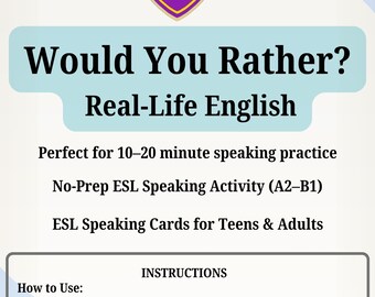 Would You Rather ESL Speaking Cards | Fun Conversation Activity for Teens & Adults | No Prep English Speaking Game A2–B1