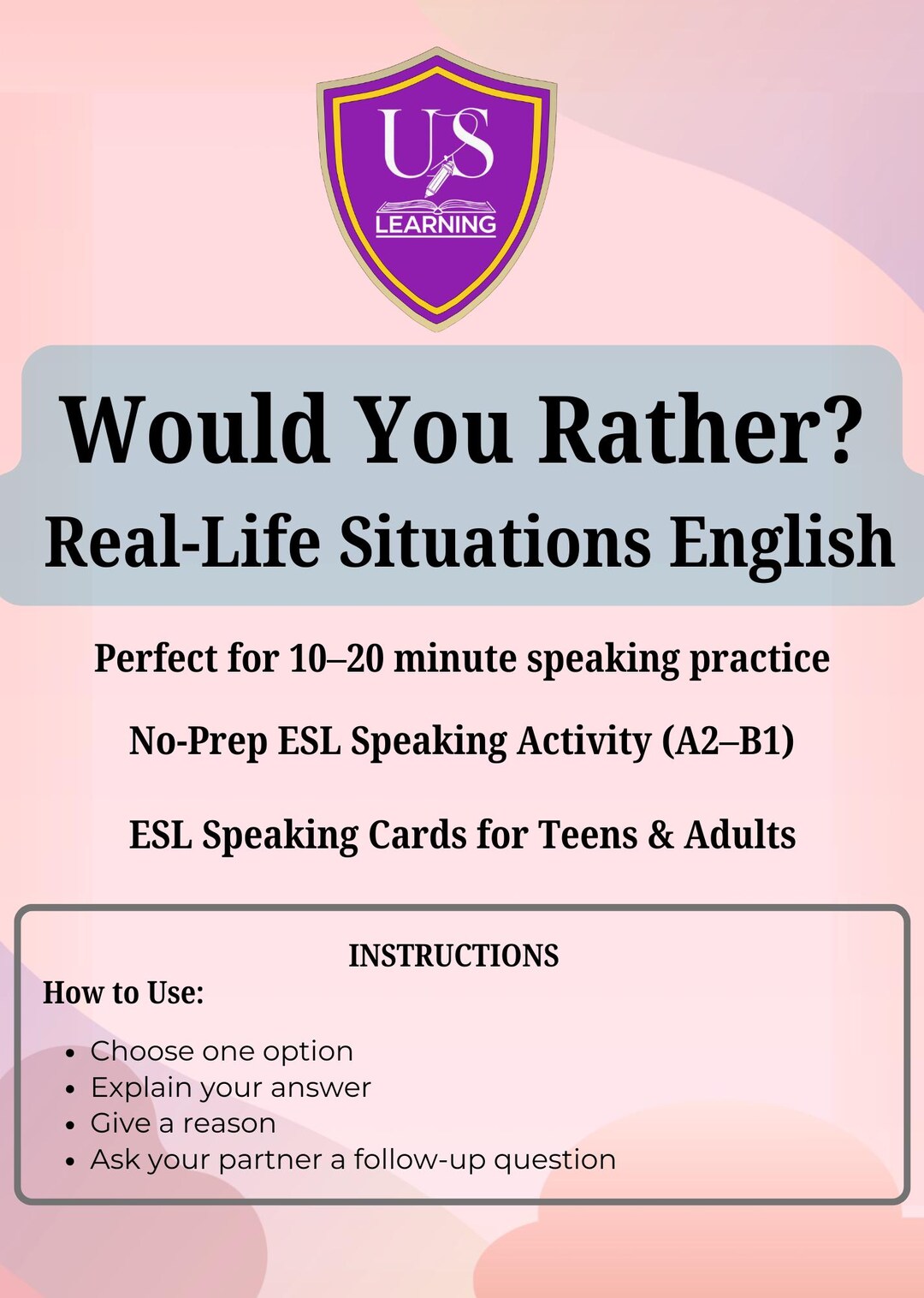 Would You Rather ESL Speaking Cards | Fun Conversation Activity for ...