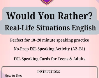 Would You Rather ESL Speaking Cards | Fun Conversation Activity for Teens & Adults | No Prep English Speaking Game A2–B1